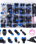 Industrial Quick Connect Air Fittings Kit 78 Piece Set For One Eighth One Quarter Five Sixteenths Three Eighths And One Half Inch Hoses Includes Push Lock And Quick Release For Air Compressor Systems Built With Nickel Plated Brass And PBT For Your Shop. 78-piece organizer with black and blue fittings