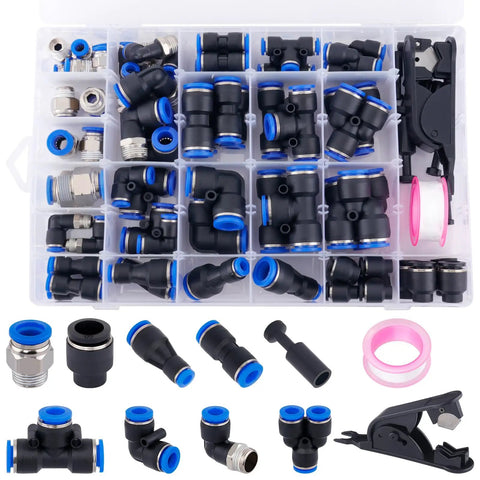Industrial Quick Connect Air Fittings Kit 78 Piece Set For One Eighth One Quarter Five Sixteenths Three Eighths And One Half Inch Hoses Includes Push Lock And Quick Release For Air Compressor Systems Built With Nickel Plated Brass And PBT For Your Shop. 78-piece organizer with black and blue fittings