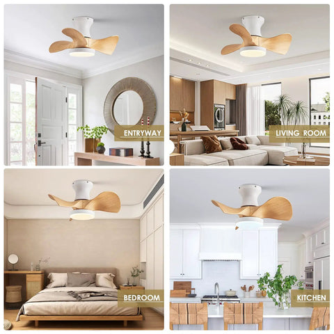 Compact 20 Inch Ceiling Fan With Light And Remote Whisper Quiet DC Motor Farmhouse Vibe installed in various rooms.