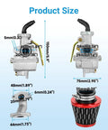 Product size chart of Pz20 Carb Kit With Ignition Coil Starter Solenoid Relay For 70cc 90cc 110cc 125cc engines, parts dimensions shown.