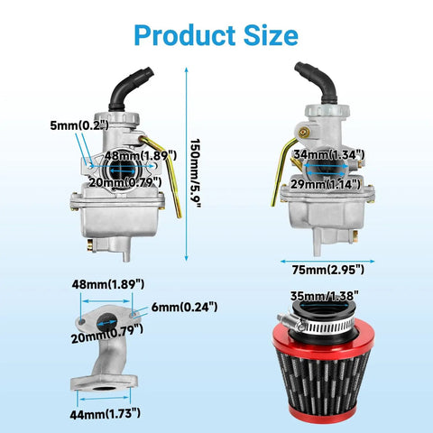Product size chart of Pz20 Carb Kit With Ignition Coil Starter Solenoid Relay For 70cc 90cc 110cc 125cc engines, parts dimensions shown.