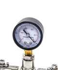 Front view of a black steel vacuum pressure gauge with brass 1/4 in NPT lower mount and dual PSI/Bar scale.