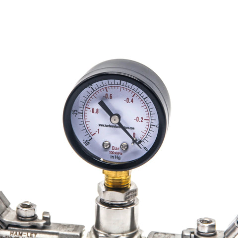 Front view of a black steel vacuum pressure gauge with brass 1/4 in NPT lower mount and dual PSI/Bar scale.