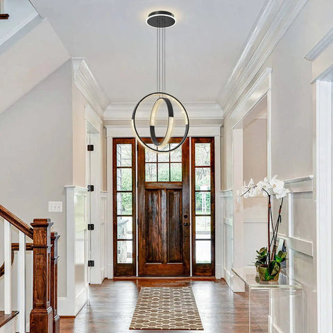 Black 2 Ring Chandelier With Remote Control Dimmable Hanging Light Fixture LED Suspended Light in entryway