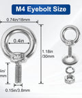 Premium Stainless Steel M4 Eye Bolts, Complete 24 Piece Hardware Set With Hex Nuts Flat And Spring Washers, No Sweat Rigging And Mounting Fasteners For Backyard Projects with size dimensions.