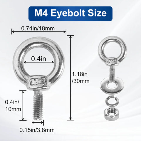Premium Stainless Steel M4 Eye Bolts, Complete 24 Piece Hardware Set With Hex Nuts Flat And Spring Washers, No Sweat Rigging And Mounting Fasteners For Backyard Projects with size dimensions.