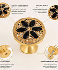 Modern Floral Cabinet Knobs With Matte Black Finish, 6 Pack Decorative Drawer Handles For Dressers And Kitchen Cupboards, Single Hole Hardware Kit With Matching Screws, Breezy Install For A Killer Room Refresh, gold base with black floral detail.