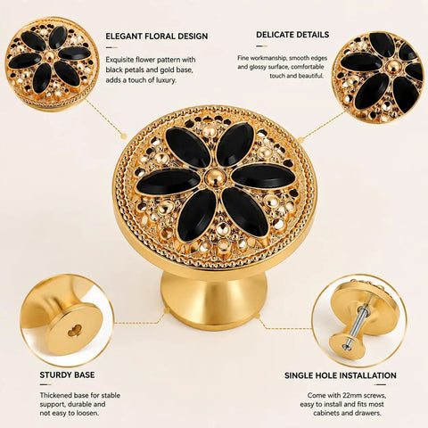Modern Floral Cabinet Knobs With Matte Black Finish, 6 Pack Decorative Drawer Handles For Dressers And Kitchen Cupboards, Single Hole Hardware Kit With Matching Screws, Breezy Install For A Killer Room Refresh, gold base with black floral detail.