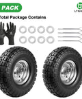 10 Inch Heavy Duty Solid Flat Free Tire And Wheel Set For Carts And Hand Trucks, 4.10/3.50-4, with gloves, washers, and pins