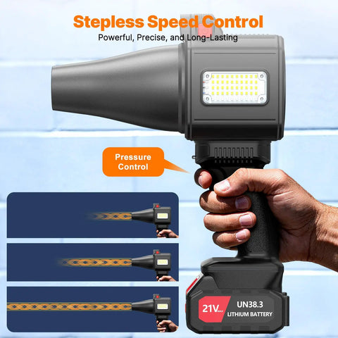 Cordless Brushless Leaf Blower With 900G Blowing Power Turbo Jet Beast Mode 480W Motor Dual 3000mAh Batteries LED Work Light