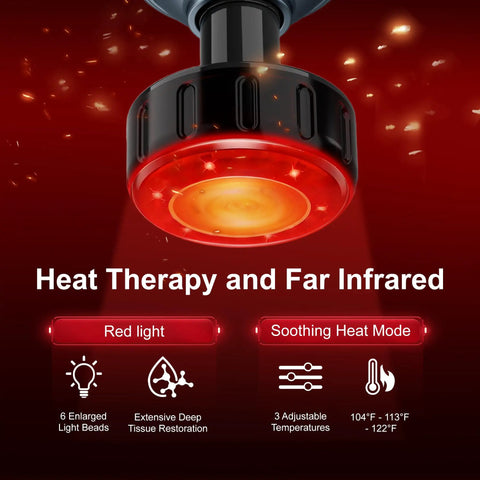 Image of Heat Massage Gun For Pain Relief With Deep Tissue Back Massager displaying infrared light, heating modes, and temperature settings.