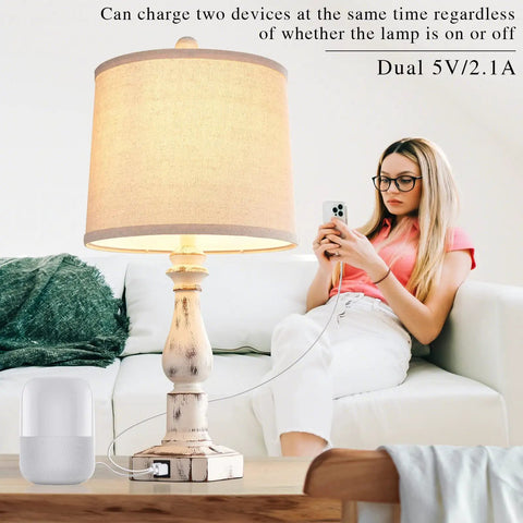 Touch Control Rustic Table Lamps Set of 2 with Dual USB Ports 3 Way Dimmable Vintage Bedside Lamps Antique White Resin Finish Linen Shade