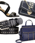 Black leather shoes, belt, and two navy bags adorned with rivets from Leather Rivet Kit With Pliers Pro Grade 6mm Copper Tubular Rivets.