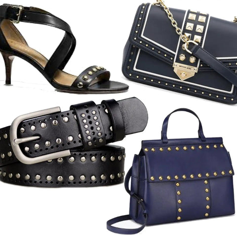 Black leather shoes, belt, and two navy bags adorned with rivets from Leather Rivet Kit With Pliers Pro Grade 6mm Copper Tubular Rivets.