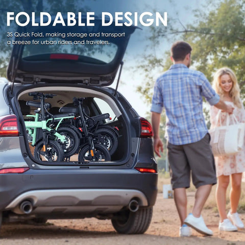 Foldable Electric Bike For Adults And Teens With 750W Peak Motor, 48V 10Ah Removable Battery, 14 Inch in car trunk