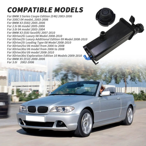 BMW Drop-In Engine Coolant Overflow Recovery Reservoir Tank With Sensor and Cap, compatible with 2001-2006 X3, X5, 3 Series.