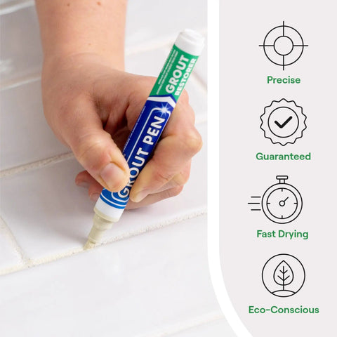 Person using Ivory Grout Pen Tile Paint Marker Waterproof Grout Paint Colorant And Sealer For Bathrooms And Kitchens Narrow 5mm Tip 7mL Quick DIY Tile Rejuvenation on white tile grout.