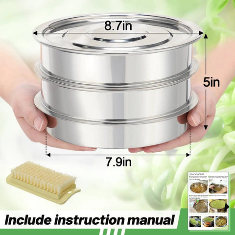 Stainless Steel Seed Sprouting Kit, 3-Tier Microgreens Growing Tray Set with 7.9 Inch Diameter, Stackable Round Sprouter with Encrypted Mesh