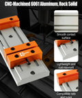 Low Profile Mini Vise Clamp For CNC Router Machines, Beefy Aluminum, Precision CNC Machined For Flat Surfaces, Ultra Slim Design Keeps Toolpaths Clear And Grips Solid On Milling Projects. CNC-machined 6061 aluminum vise clamp on CNC router