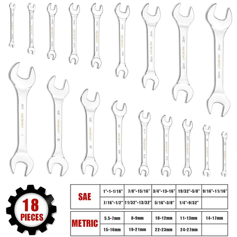 Ultra Thin Open End Wrench Set, 18-Piece SAE And Metric Tools From 1/4 Inch To 1-1/16 Inch And 5.5mm To 27mm, Chrome Vanadium Steel