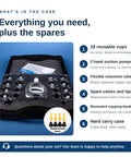 Ultimate Pro Cupping Therapy Set with 18 multi-sized vacuum cups, two hand pumps, and detailed cupping guide in foam case.