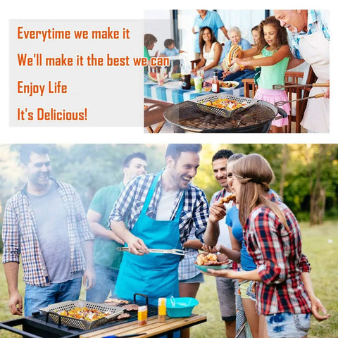Group of people outdoor grilling, using 3 Pack Heavy Duty Stainless Steel Grill Baskets For Outdoor Grillin Veggie Grill Baskets Set.