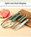 3 In 1 Stainless Steel Watermelon Slicer Set With Melon Scooper And Rounded Edge Fruit Fork on table with watermelon slices