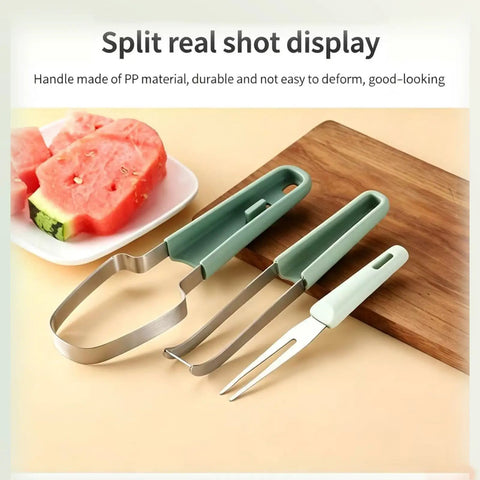3 In 1 Stainless Steel Watermelon Slicer Set With Melon Scooper And Rounded Edge Fruit Fork on table with watermelon slices