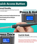 Close-up of Pro Grade Hot Air Rework Station With Tiltable Display for SMD Repair, showing display panel and quick-access button.