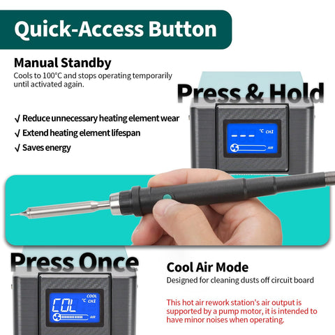 Close-up of Pro Grade Hot Air Rework Station With Tiltable Display for SMD Repair, showing display panel and quick-access button.