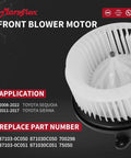 Front Blower Motor For 2008-2022 Toyota Sequoia And 2011-2017 Sienna shown from the side, featuring a white fan design for HVAC system.