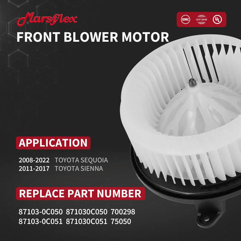Front Blower Motor For 2008-2022 Toyota Sequoia And 2011-2017 Sienna shown from the side, featuring a white fan design for HVAC system.