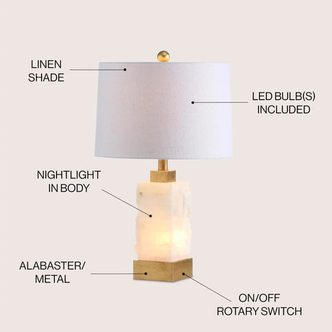 Coastal 23 Inch Gold And White Alabaster Rectangular Table Lamp With Night Light And White Linen Drum Shade Two Light LED Bulbs Included Modern Bedside Fixture For Bedroom, displaying alabaster base and linen shade