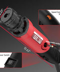 Close-up of Electric TIG Tungsten Electrode Sharpener and Grinder for Welding, showing power switch and speed control knob.