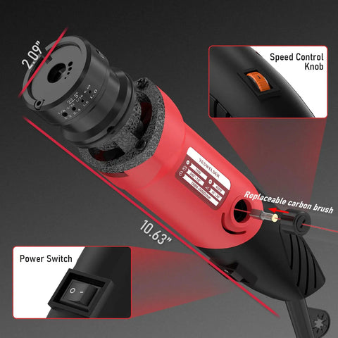 Close-up of Electric TIG Tungsten Electrode Sharpener and Grinder for Welding, showing power switch and speed control knob.