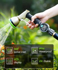 Super Handy Water Flow Meter With Five Percent Accuracy for RVs, Garden Hoses, Pools, showing LCD display in use
