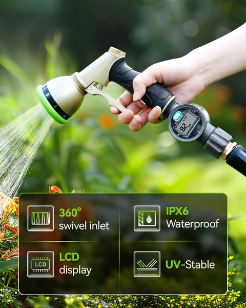 Super Handy Water Flow Meter With Five Percent Accuracy for RVs, Garden Hoses, Pools, showing LCD display in use