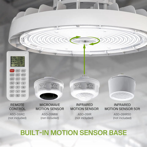 Beefed Up 300W LED High Bay UFO Light For Warehouses, Dimmable, with built-in motion sensor and remote control options.