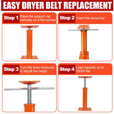 Pair Of Adjustable House Floor Jacks Built Tough To Crush Heavy Loads Measures Nineteen To Thirty Eight Inches Tall shown in step-by-step instructional guide.