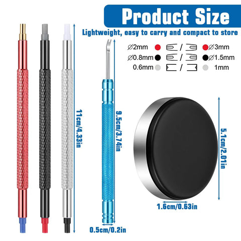 Round Leather Movement Holder With Cushion and Six Piece Watch Hand Tool Kit showing tool sizes and cushion