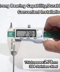 Person measuring stainless steel corner bracket thickness with caliper, showing 2.78mm. Text reads 'Strong Bearing Capability, Durable, Convenient Installation.'