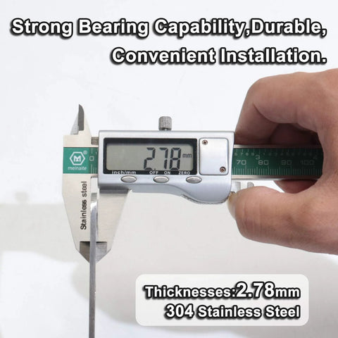 Person measuring stainless steel corner bracket thickness with caliper, showing 2.78mm. Text reads 'Strong Bearing Capability, Durable, Convenient Installation.'