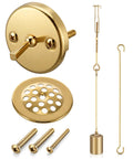 Hassle Free Tub Drain Linkage Assembly With Trip Lever And Gold Cover Adjustable Fit For Bathtub Overflow Repair components including brass and gold pieces.