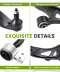 Beefed Up 8 Piece Front Lower Control Arm With Ball Joint Suspension Kit For Ford Explorer 2011 To 2017 And Ford Police Interceptor Utility 2013 To 2017 Includes Outer Inner Tie Rod Ends And Sway Bar Links close-up of black steel control arm joints