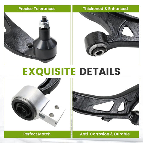 Beefed Up 8 Piece Front Lower Control Arm With Ball Joint Suspension Kit For Ford Explorer 2011 To 2017 And Ford Police Interceptor Utility 2013 To 2017 Includes Outer Inner Tie Rod Ends And Sway Bar Links close-up of black steel control arm joints
