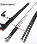 Medieval Sword Black Western Blade In Manganese Steel With Full Tang Build, 45.66 Inch Total Length, showing sheath and belt