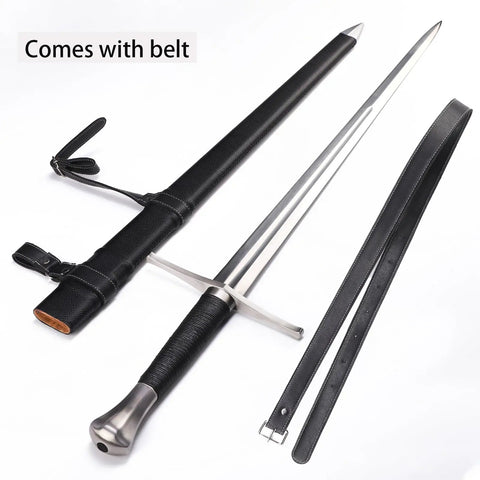 Medieval Sword Black Western Blade In Manganese Steel With Full Tang Build, 45.66 Inch Total Length, showing sheath and belt