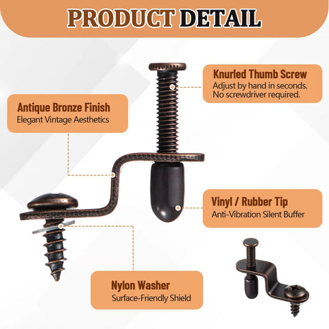 Top Shelf Adjustable Glass Retainer Clips For Cabinet Doors Bronze 30 Pack Value Bundle For Kitchen Upgrades And Display Cases That Are Heavy Duty And Built Different, showing antique bronze clips with knurled screw and rubber tip.
