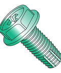 Hella Durable Steel Thread Cutting Screws With Hex Washer Head And Phillips Drive Green Zinc Plated Corrosion Resistant Fasteners Type F Point 10-32 By 3 8 Inches in close-up view.