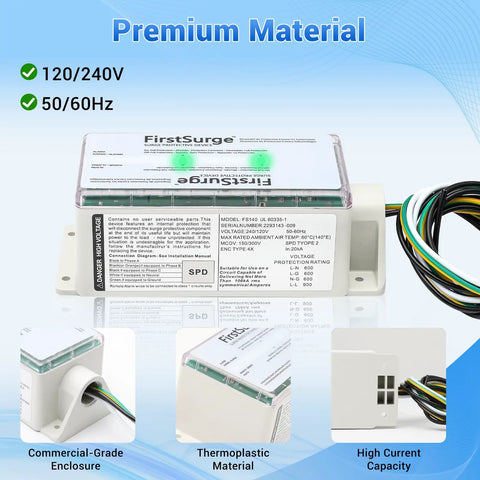 Whole House Surge Protector With 140,000 Amps For 120 And 240V Homes, shown with various installation views and features.